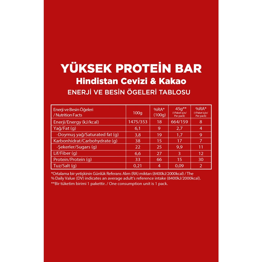 FELLAS YÜKSEK PROTEİN BAR - HİNDİSTAN CEVİZİ VE KAKAO 45 G