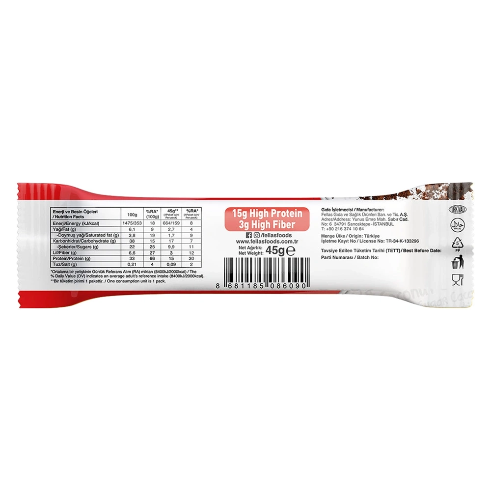 FELLAS YÜKSEK PROTEİN BAR - HİNDİSTAN CEVİZİ VE KAKAO 45 G