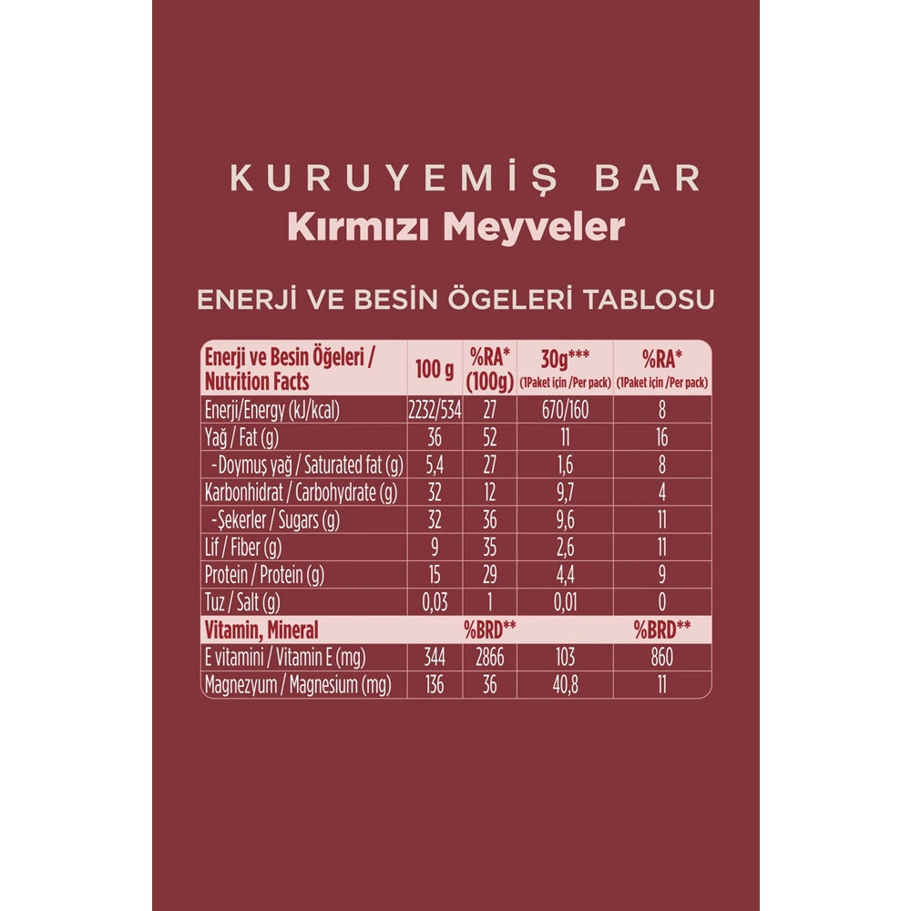 FELLAS KIRMIZI MEYVELİ KURUYEMİŞ BAR 30 G